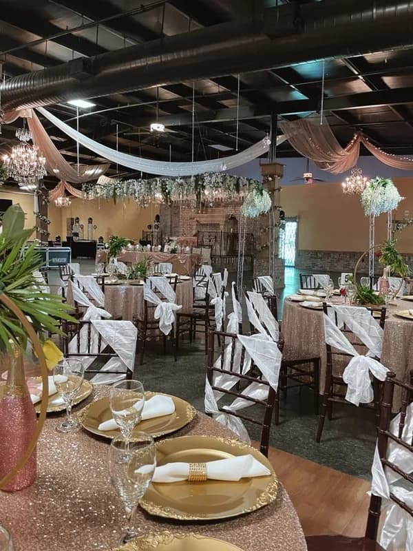 Rose gold wedding reception hall gallery La Hacienda Gainesville GA